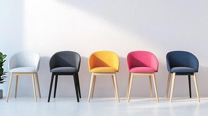 A row of chairs in various colors, including white, black, yellow, pink