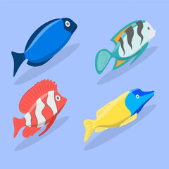 3D Isometric Flat Vector Illustration of Tropical Fish Collection, Aquarium Underwater Creatures