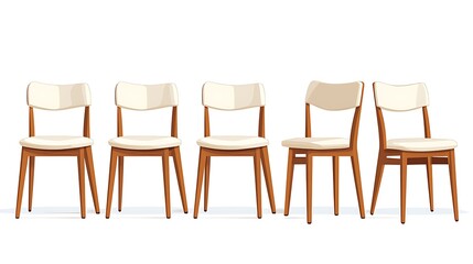 A row of five chairs are shown in a white background