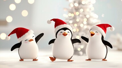 A group of penguins in Santa and elf costumes, dancing around a Christmas tree made of ice with glowing lights.