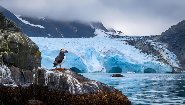 Puffin perched on rocky ledge surrounded by the stunning glacial beauty of Kenai Fjords National Park in Alaska on a cloudy day