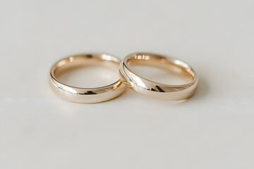Two Gleaming Gold Wedding Bands Resting on a White Surface, Symbolising Love and Commitment