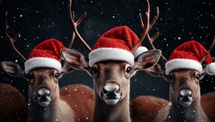 A herd of reindeer wearing festive Santa hats, with sleigh bells jingling, standing in front of a glowing northern lights sky.