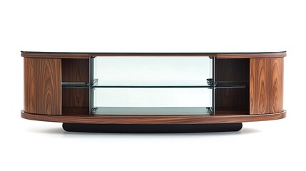 A wooden entertainment center with glass doors and shelves