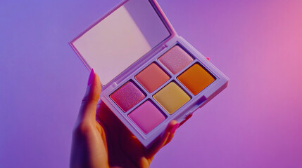 Colorful Makeup Palette Held Against a Vibrant Purple Backdrop Showcasing a Range of Shades for Artistic Expression