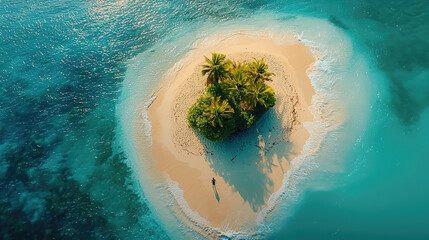 Solitary man on a deserted tropical island beach in ocean, concept of sea, travel, lost.
