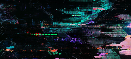 Obraz premium A glitchy pixelated dark background with neon color splashes and glitched-out lines of code