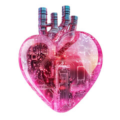 Futuristic heart with glowing pink circuits and metallic pipes, digital love and technology concept, isolated on transparent background  
