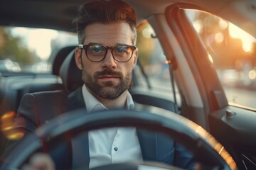 Obraz premium Attractive elegant man in business suit driving car