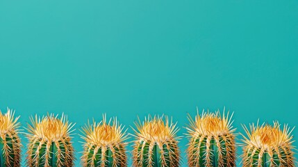 Golden spined cactus against vibrant turquoise background