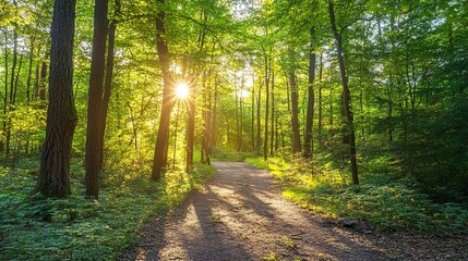 Tranquil forest path illuminated by soft sunlight filtering through trees