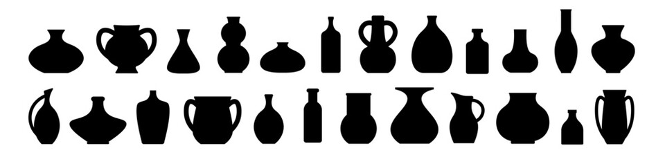 Set of icons of vases, clay amphorae. Black silhouette of vessels of different shapes. Vector illustration.