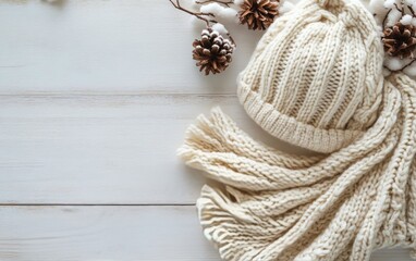 Cozy winter accessories arranged on a wooden surface with pine and snow elements