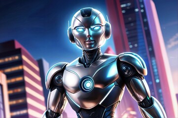 cartoon style futuristic android with glowing eyes in a heroic digital illustration