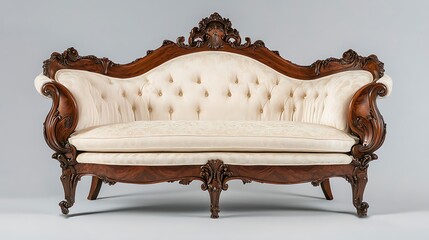 A large, ornate wooden couch with white cushions