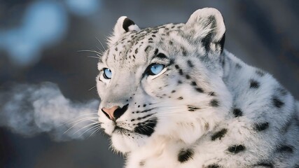 Obraz premium Majestic Snow Leopard (Panthera uncia) resting on a snow-covered rocky ledge in the Himalayas. Captures natural habitat, endangered beauty, and winter serenity.