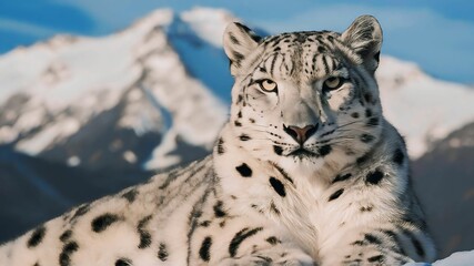 Obraz premium Majestic Snow Leopard (Panthera uncia) resting on a snow-covered rocky ledge in the Himalayas. Captures natural habitat, endangered beauty, and winter serenity.