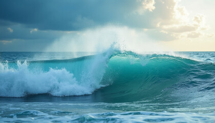 Obraz premium Dramatic Ocean Wave in Teal Against Moody Sky