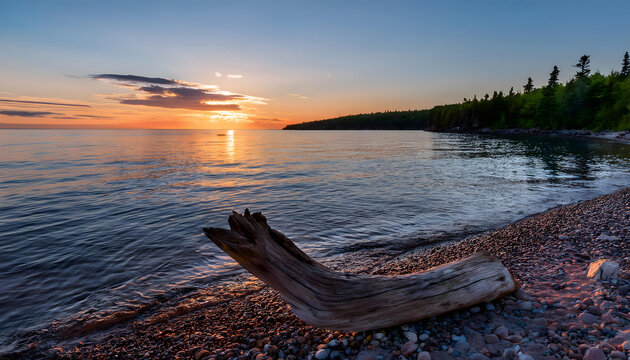 Golden rays of sunset cast a serene glow over Lake Superior as a driftwood log rests on a tranquil pebbled beach in Ontario