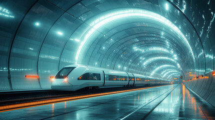 High-speed train approaching in a futuristic tunnel setting during night time