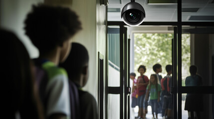 Children gather in a school hallway while surveillance camera monitors their activities during the daytime