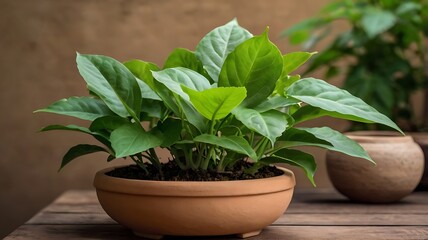 Fototapeta premium Lush green houseplant in terracotta pot on wooden table.
