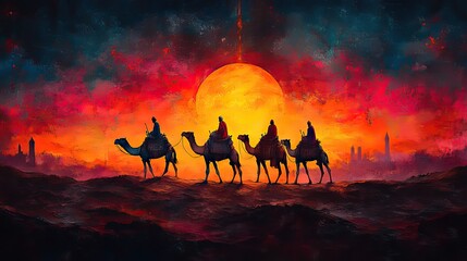 three wise men camel caravan in the desert at sunset digital watercolor painting