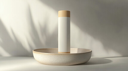 Minimalist Design Featuring a Vertical Container on a Shallow Dish With Soft Shadows and Light