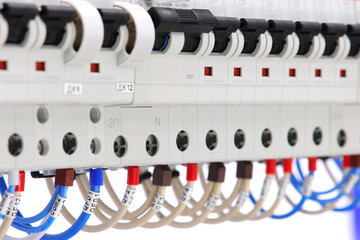 Connection of electrical modules using insulated mounting wires. Close-up. Soft focus.