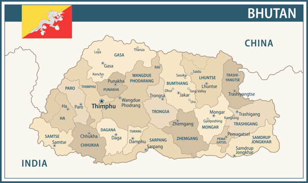 Bhutan Map Vector Vintage Dark Blue Beige - Customizable layered political map of Bhutan with administrative divisions for website, education, reports, news, politics, print, poster and wallpaper