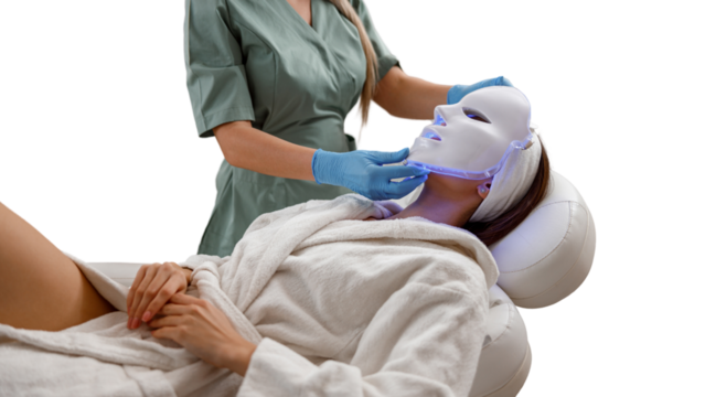 A woman undergoing photon therapy with an LED face mask for cosmetic procedures. Transparent background
