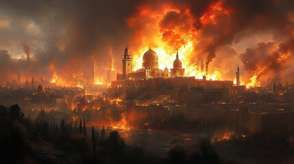 Fototapeta premium tisha brav the destruction of the temple of jerusalem engulfed in flames digital painting
