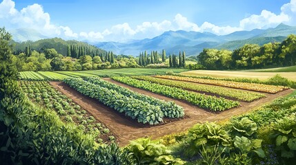 Naklejka premium An organic farm with companion planting techniques, where different crops are grown together to support each other's growth.
