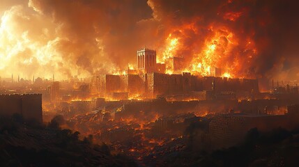 Naklejka premium tisha brav the destruction of the temple of jerusalem the holy city of jerusalem succumbs to fire and chaos as the temple is razed digital illustration