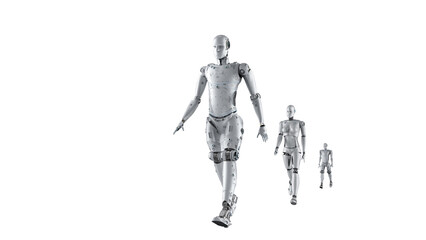 Concept for technological advancement featuring a 3D-rendered group of walking transparent...