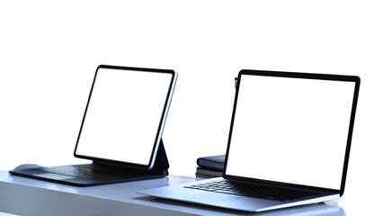 On an office-style desk clipping path, computer monitor is separated on a white screen. transparent background