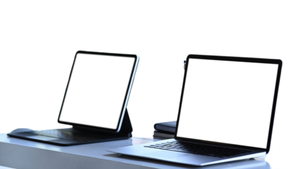On an office-style desk clipping path, computer monitor is separated on a white screen. transparent background
