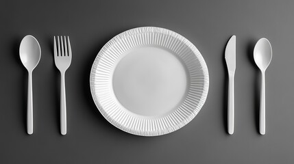 towel fork spoon and disposable white plastic plate isolated on a white backgroun