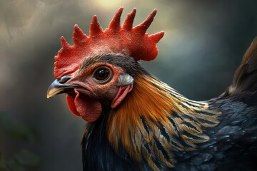 Fototapeta premium A Crested Polish Chicken with a fiery red crest, dark eyes, and a curved beak, captured in the crisp morning air with fine feather detailing.