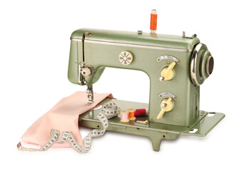Sewing machine with pink fabric, measuring tape and spools of threads isolated on white