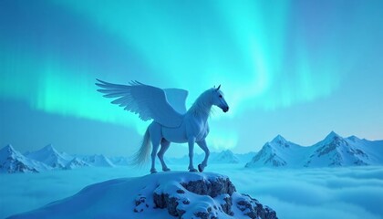 Majestic White Winged Unicorn Standing on Snowy Mountain with Aurora