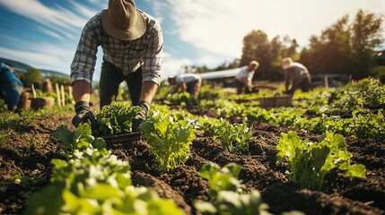 Farmers harvesting organic produce, using traditional techniques and natural methods to maintain soil health.