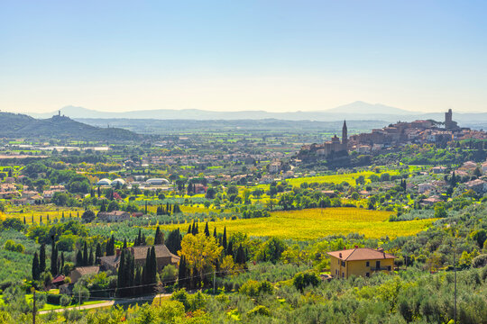 View of historic town of Castiglion Fiorentino and the Val di Chiana. Tuscany, Italy