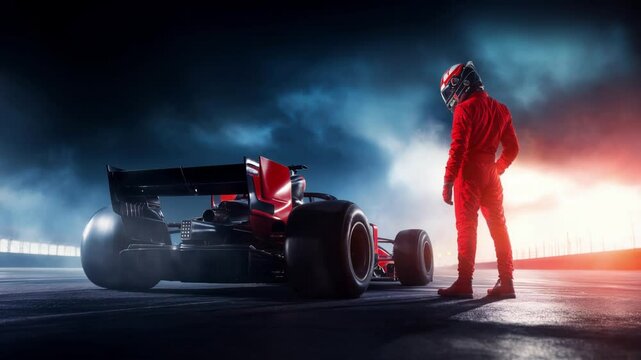 Racer in red suit beside a Formula one car on a night race track, with a dramatic sunset and misty sky in the background. Concept of speed, competition and victory