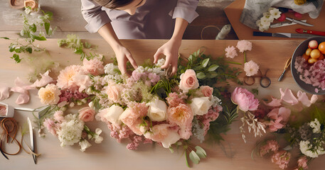 Expert florist arranging a beautiful floral centerpiece using various blooms in a well-lit workspace