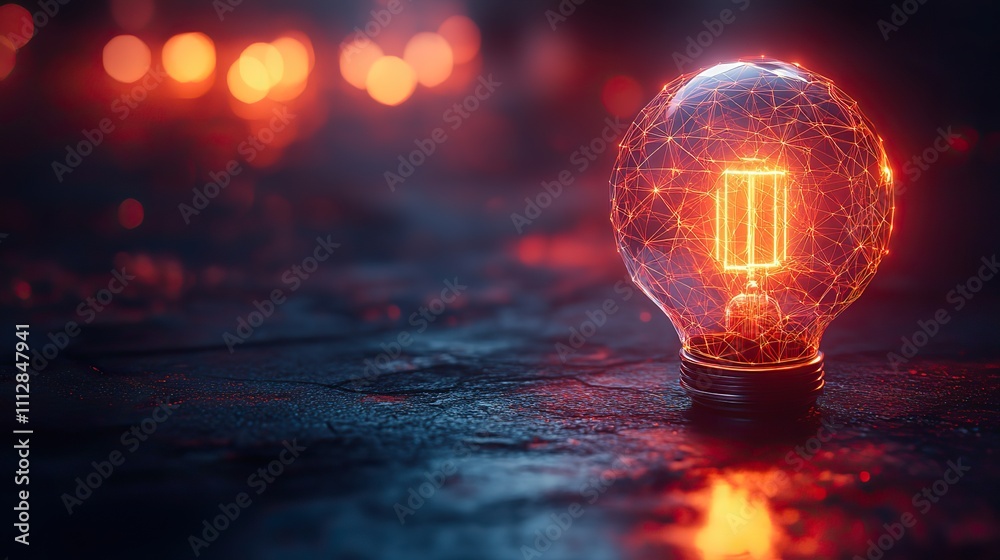 Leinwandbilder using polygonal lines to create a bright light in an incandescent lamp on a dark background represents creativity innovation and technolog