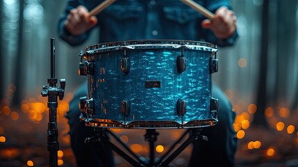 Fototapeta premium using two drum sticks play the bass drum the drum is supported by two crossed legs and is upright on a black stand shades of blue and green are used to represent the drum body