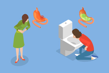 3D Isometric Flat Vector Illustration of Digestive Problem, Ill Individual Discharging Stomach Contents