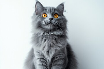 Fototapeta premium Grey fluffy cat with bright yellow eyes relaxing on soft white surface