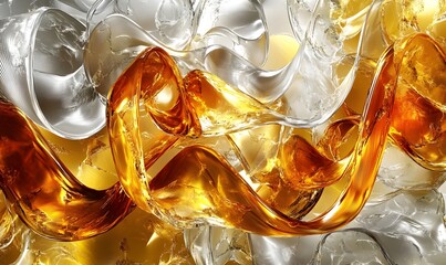 Abstract swirling amber and silver liquid.
